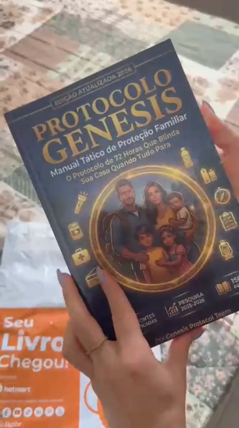 O livro Protocolo Genesis saindo do envelope, segurado com as duas mãos.