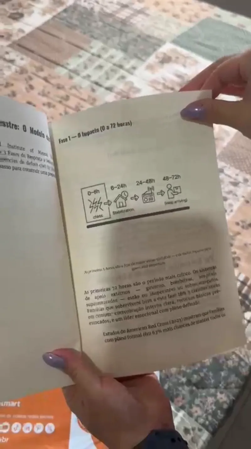 Página do livro com a linha do tempo das primeiras 72 horas, dividida em 0 a 6 horas, 6 a 24, 24 a 48 e 48 a 72.